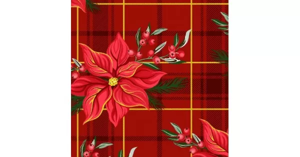 Tecido Tricoline Natal Floral Vermelho Fundo Xadrez Palha 50 cmX1
