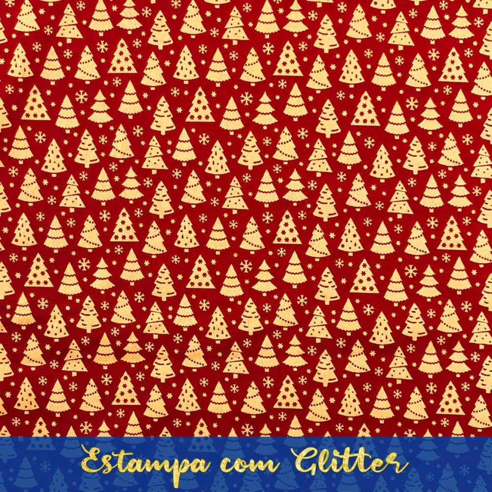 Tecido Tricoline Natal - Pinheiro Glitter Dourado - 100% Algodão - 1,50m largura - Variante 58