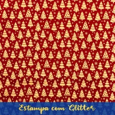 Tecido Tricoline Natal - Pinheiro Glitter Dourado - 100% Algodão - 1,50m largura - Variante 58