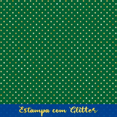 Tecido Tricoline Natal Poá com Glitter Dourado 100% Algodão 1,50m largura - Verde natal