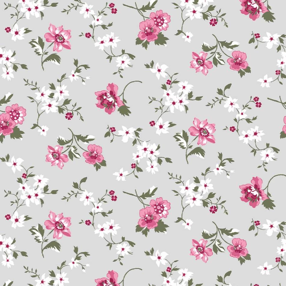 Tricoline Estampada - Mini Flores Fundo Cinza - 100% Algodão - 1,50m Largura - Variante 1