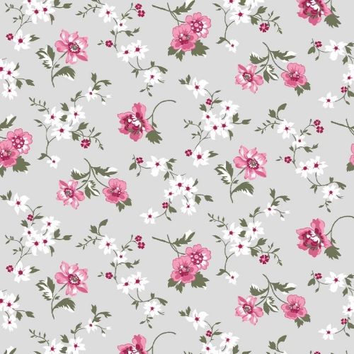 Tricoline Estampada - Mini Flores Fundo Cinza - 100% Algodão - 1,50m Largura - Variante 1